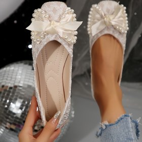 Resim 1 Çift Kadınlar için Zarif Bale Ayakkabısı, İlkbahar Sezonu Pembe Kurdele Süslemeli Düz Ayakkabılar, Suni İnci Detaylı Hafif Giyilebilen Bale Ayakkabıları, Kumaş Üst, Kauçuk Taban, Suni İç ve Taban 