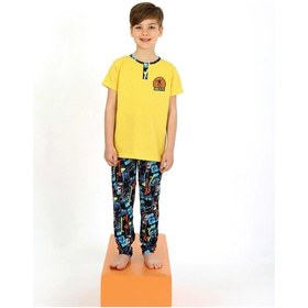 Resim Vitmo Erkek Çocuk Kısa Kollu Düğme Detaylı %100 Pamuklu Pijama Takımı Skate Sarı 