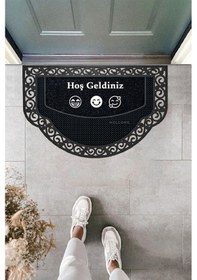 Resim Yarım Ay Modeli Hoş Geldiniz Yazlı Gülen Emoj Desenli Kapı Önü Paspası Altın Rengi Siyah 