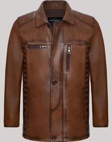 Resim Hakiki Kuzu Derisi Taba Gömlek Yaka Düğmeli Erkek Deri Ceket Taba 