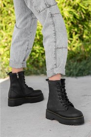 Resim MODA TUNA Kadın Siyah Süet Yüksek Taban Femuarlı / Bağcıklı Bot Bootie Postal TMBot001 