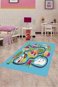 Resim Pelangi Araba Yollu Trafik Yolu Dijital Baskılı Kaymaz Taban Çocuk Odası Halısı, Mavi 60 x 200 