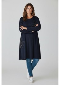Resim Ece Giyim Kadın Fitilli Kaşkorse Önü Taşlı Kolağzı Lastikli Battal Beden Tunik Lacivert 