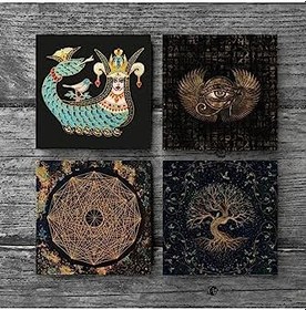 Resim Horus'un Gözü, Sri Yantra, Hayat Ağacı, Şahmeran Taş Bardak Altlığı Seti - 4 Parça - Dekoratif, Rustik Mutfak Aksesuarı, 10x10 cm, Kaydırmaz Tabanlı, Şık ve Dayanıklı SC197 