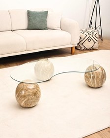 Resim Modern Orta Sehpa & Küre Sehpa & Top Sehpa & Şeffaf Fasulye Cam & Traverten Desen 