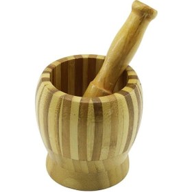 Resim Ahşap Bambu - Çizgili Havan Sarımsak Dövecek Ç: 9.5cm--d: 6.6cm--y:10.5cm Fileli Ambalaj 