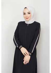 Resim Siyah Kol Ribanalı Şeritli Medine Ipeği Ferace Siyah 