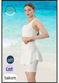 Resim Kadın Mayo Takım Yüksek Bel Biker Etekli Şort Ve Pedli Crop Likralı Çabuk Kuruyan Kumaş Plaj Giyim Ekru 