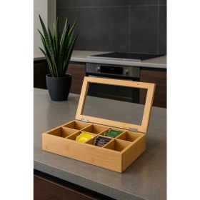 Resim 8 Bölmeli Bambu Poşet Çay Kutusu Bambu Organizer Kutu Takı Aksesuar Kutusu 30X20X7CM. 