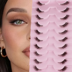 Resim Yarım Kirpikler, Doğal Görünüm 10 Çift Kalın Kedi Gözü Kirpikler 10mm Tüylü Kirpikler Şeffaf Bantlı Kısa Sahte Kirpikler 3D04-10F 