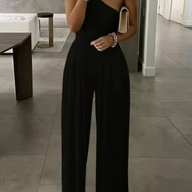 Resim Kadınlar için Şık Tek Omuzlu Asimetrik Tulum - Düz Siyah, Geniş Paça, Kolsuz, Makinede Yıkanabilir, Her Mevsim Tarzı 