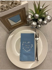 Resim Gümüş Yaldızlı Mavi Bir Ömür El Ele Peçete 16 Adet 