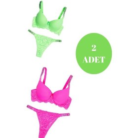 Resim Tılsım Lingerie Murays Kadın 2 Li Taşlı Neon Sütyen Takım Fuşya - Yeşil 