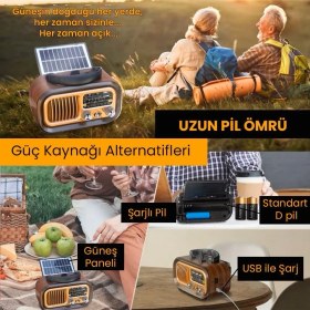 Resim Upway Güneş Enerjili Şarjlı Bluetooth USB Sd Stereo Hoparlör Fm Am Sw Retro Nostaljik Radyo 