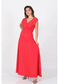 Resim Neşeli Butik Kadın Omuz Detaylı Kayık Yaka Uzun Abiye Elbise Nb8076 Kırmızı 