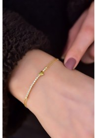 Resim 925 Ayar Gümüş Gold Kaplama Sıralı Zirkon Tektaş , Kalp Bileklik 