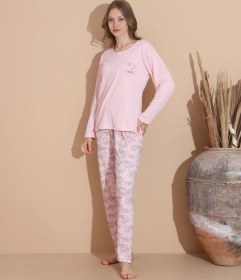 Resim Boyraz Lindros Kadın Pamuk'lu Düğme Yaka Raporlu İnterlok Kışlık Pijama Takımı 05033 - 1 Adet Pembe 