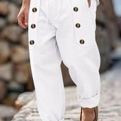 Resim Erkekler için Altın Düğmeli Düz Bacaklı Linen Pantolon - Nefes Alabilir, Hafif ve Şık, Dış Mekan Aktiviteleri, Fitness ve Günlük Giyim için Mükemmel - Beyaz, Esnek Olmayan Kumaş, Bahar ve Yaz için Mükemmel, Günlük Giyim Pantolonları | Düğmeli Pantolonlar | Linen Kumaş 