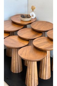 Resim Simillo Home&Living WOOD Wooden 3’lü Set Fitilli Mantar Yan Sehpa Modern Tütün Renk Fiskos 