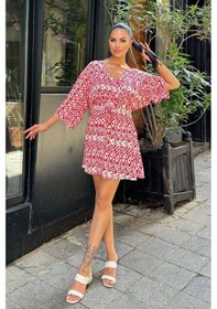 Resim WeShaya Kadın Kırmızı Etnik Desenli Viskon, Yarasa Kol, Kruvaze Mini Kimono - Kloş Kısa Elbise Kırmızı 