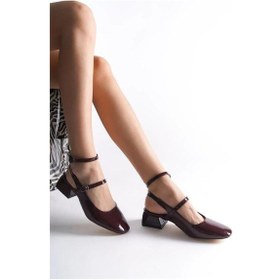 Resim Kadın Jeyn Bordo Rugan Kare Burunlu Baretli Kısa Blok Topuklu Ayakkabı Bordo 