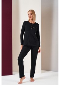 Resim Pjs 26037 Kadın Gorgeous Patlı Biyeli Uzun Kol Pijama Takım Siyah 