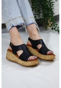 Resim Asmi Shoes Kadın Elena Mantar Taban Ortopedik Sandelet Siyah Siyah 