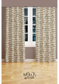 Resim Krem El Yazısı Desenli Süet Oturma Odası Salon Fon Perde Ekstrafor Büzgü 2 Kanat Prd-1096 Çok Renkli 