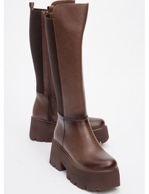 Resim Luvi Shoes Solo Kahve Cilt Lastikli Kadın Platform Topuklu Çizme Kahverengi 