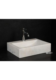Resim Afyon Beyaz Mermer Batarya Çıkışlı Kare Lavabo 