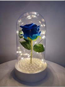 Resim Beyaz Tabanlı Mavi Gül Işıklı Fanus 