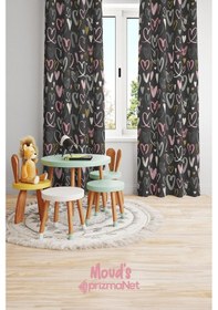 Resim Gri Kalpler Desenli Baskılı Çocuk Ve Bebek Odası Fon Perdesi 2 Kanat - Prd-34 Çok Renkli 