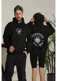 Resim Erkek Sırt Baskılı Oversize Üç İplik Kapüşonlu Hoodie Sweatshirt - Siyah Siyah 