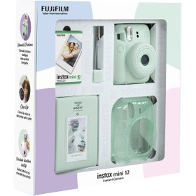 Resim Fujifilm Instax mini 12 Yeşil Fotoğraf Makinesi 10'lu Film Simli Pleksi Kılıf PVC Albüm ve Kıskaçlı Resim Sta 