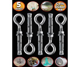 Resim BRATİ HAND TOOLS Kancalı Çelik Dübel M8 Salıncak Boks Torbası Avize Tavan Asma Aparatı Asacağı Kapalı Ağız 5 Adet 