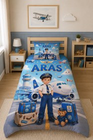 Resim Evmila Karikatüristik Pilot Çocuk Temalı Nevresim Takımı - 200x220 cm Nevresim ( Çift Kişilik Özelleştirilmiş ) + 50x70 cm Yastık Kılıfı 2 Adet 