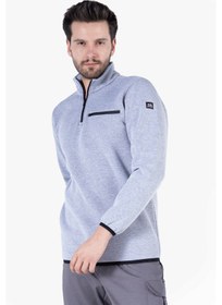 Resim 3 İplik Dik Yakalı Fermuarlı Sweatshirt Gri Melanj 