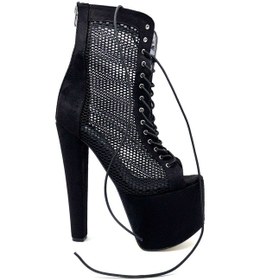 Resim Kindep Yüksek Topuklu 18 Cm Platform 7 Cm Tül Önden Bağcıklı Kadın Ayakkabı Siyah Siyah 