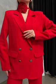 Resim buqre's moda Kadın İkili Blazer Ceket Pantolon Takım Aksesuar Gül ve Düğme Detaylı Bol Paça 