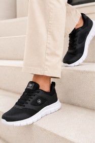 Resim PureWalk Unisex Siyah Beyaz KalınTabanlı Spor Ayakkabı - Hafif Esnek Günlük Yürüyüş Sneaker Rahat Koşu ve Şehir Ayakkabısı 
