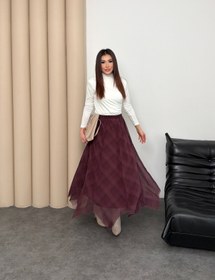 Resim Kadın Bordo Ekose Desenli Yüksek Bel Lastikli Şifon Asimetrik Uçlu Uzun Etek 52861 - Bordo / S-M 