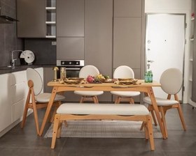 Resim iskandinav touch masa takımı 4 sandalye 1 masa 1 bench naturel gürgen iskeket 80 * 160 