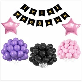 Resim Siyah-gold Banner+ Mor, Pembe, Siyah Balon Seti 