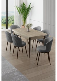 Resim Canisa Asfel Serisi Mdf 77x130 Traverten Yandan Açılabilir Mutfak Masası Takımı 6 Gri Sandalye Traverten Masa Gri Sandalye 