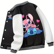 Resim Disney Stitch Karikatür Baskılı Kız Ceketi - Açık Gri ve Beyaz Rahat Beyzbol Stili Kalp Detayları, Uzun Kollu ve Düğme Detayları ile Sonbahar/Kış için Mükemmel, Günlük Giyim veya Hediye için İdeal, Disney Kıyafetleri 