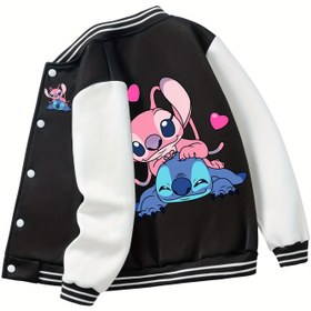 Resim Disney Stitch Karikatür Baskılı Kız Ceketi - Açık Gri ve Beyaz Rahat Beyzbol Stili Kalp Detayları, Uzun Kollu ve Düğme Detayları ile Sonbahar/Kış için Mükemmel, Günlük Giyim veya Hediye için İdeal, Disney Kıyafetleri 