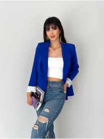 Resim han fashion Kadın Kruvaze Yaka Düğmesiz Cepli Astarlı Katlanabilir Kol Blazer Ceket Saks Mavisi 
