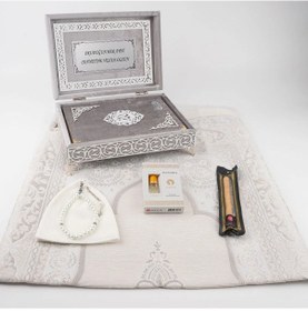 Resim Kuran + Seccade + Tesbih + Takke + Esans + Misvak Hediye Seti Orta Boy, Raşel Cilt, Gri 