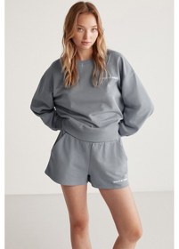 Resim Grimelange Jennıfer Kadın Organik Pamuklu Nakışlı Yuvarlak Yakalı Oversize Gri Sweatshirt 