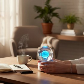 Resim Kişiye Özel Renk Değiştiren LED Işıklı Satürn Kız Küre Lamba Kristal Top ve Satürn Kolye 